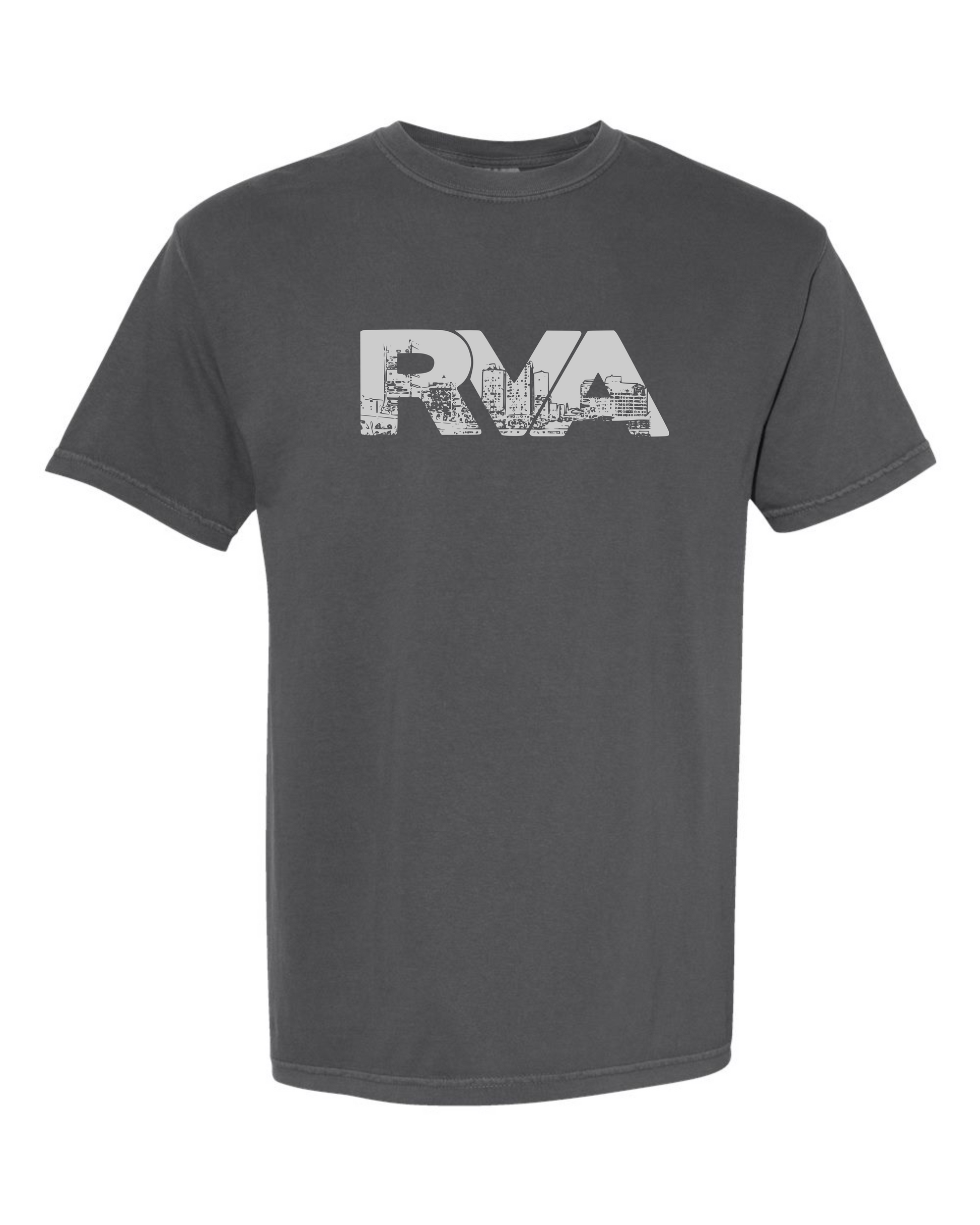 Pepper Comfort Colors 1717 t-shirt with a grey RVA logo containing the Richmond skyline, screen printed by RVA Threads