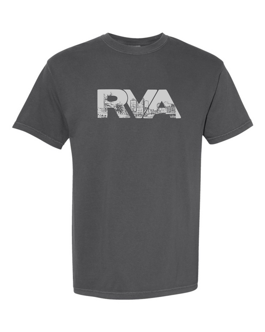 Pepper Comfort Colors 1717 t-shirt with a grey RVA logo containing the Richmond skyline, screen printed by RVA Threads