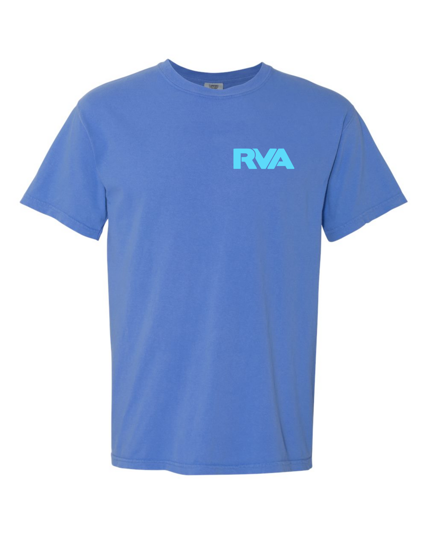 Mystic Blue Comfort Colors 1717 t-shirt with a sky blue RVA stencil logo printed on the left chest, screen printed by RVA Threads