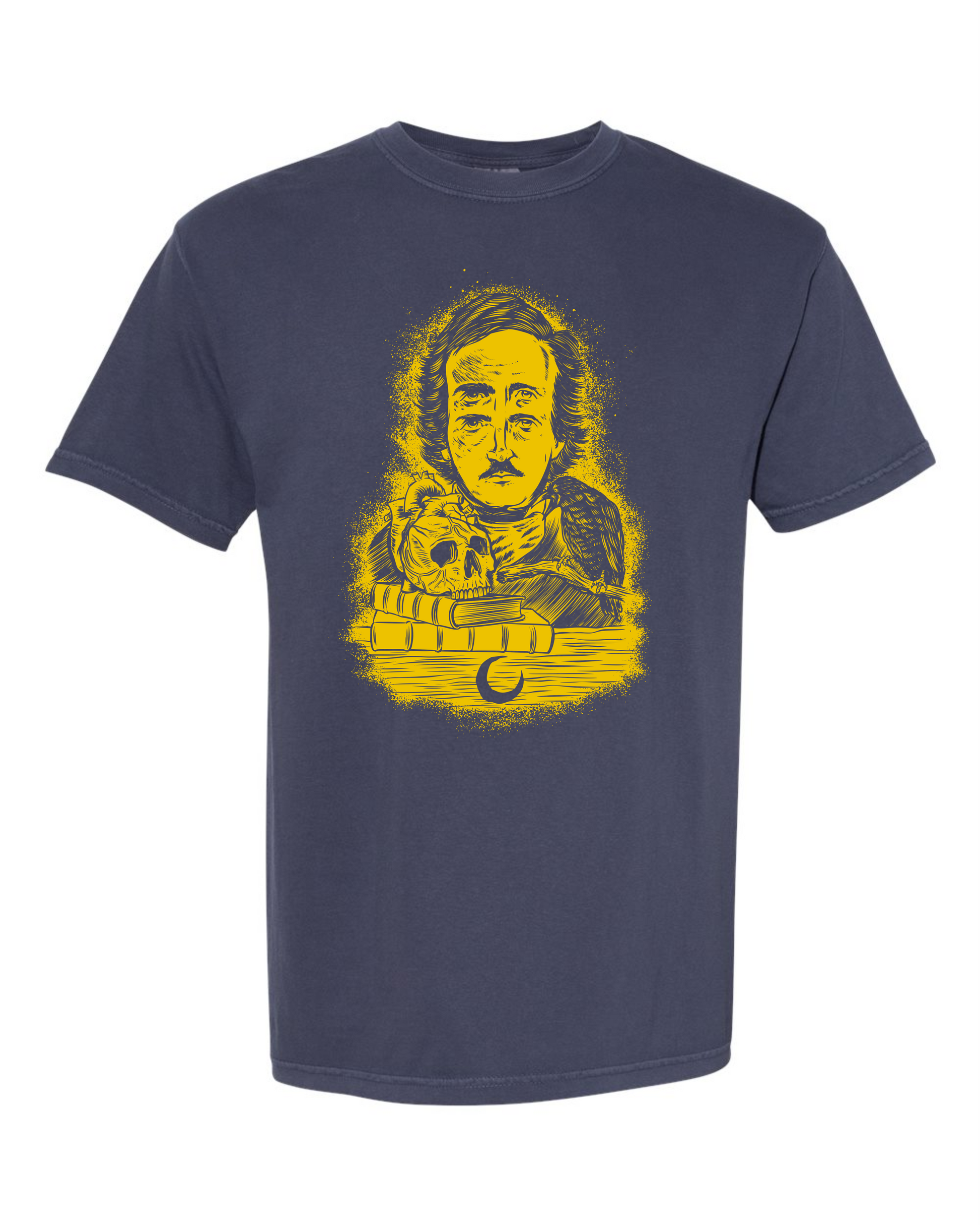 Navy Comfort Colors 1717 t-shirt with the golden yellow Four-Eyed Poe design by Burrito Breath, screen printed by RVA Threads