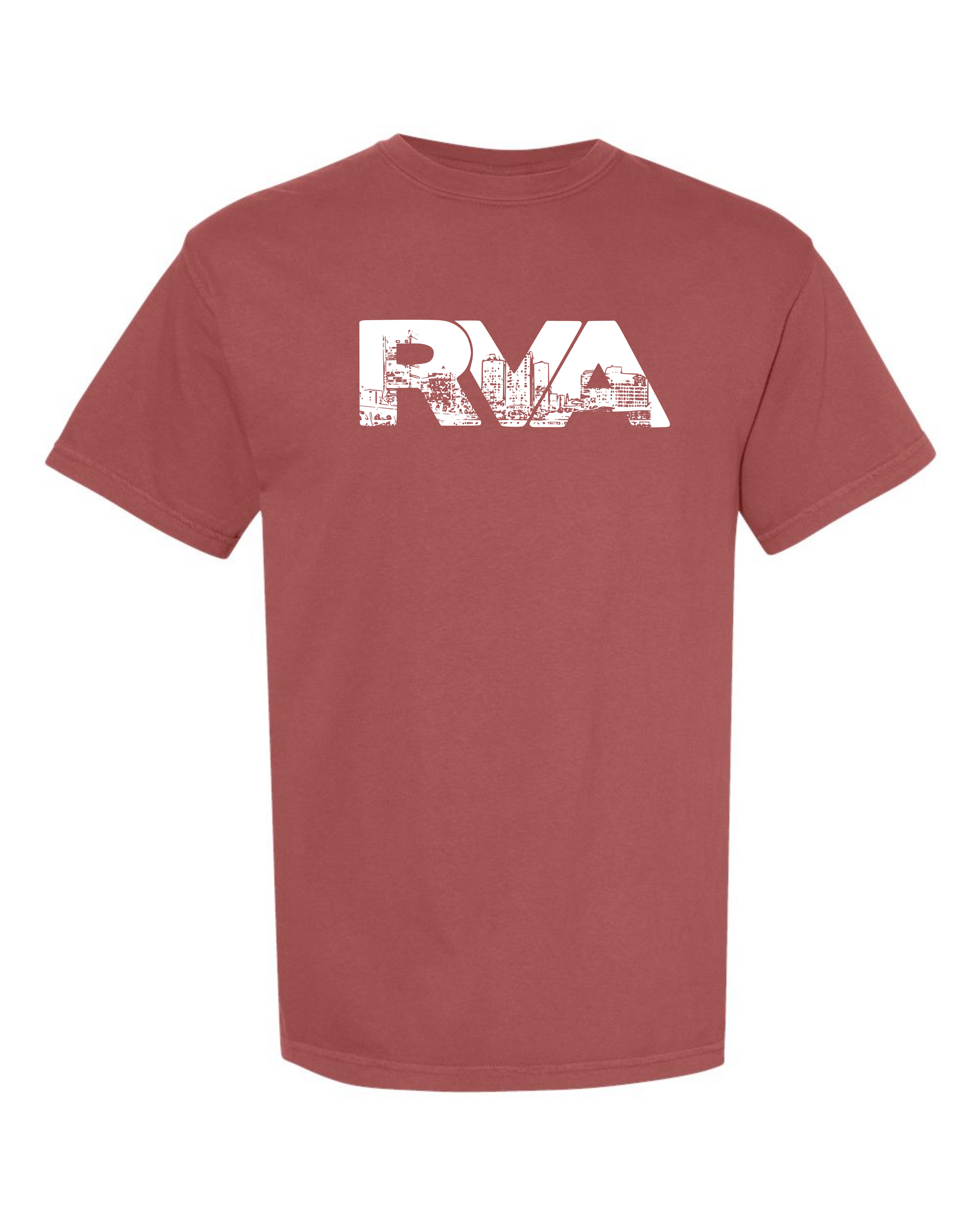 Brick Comfort Colors 1717 t-shirt with the white RVA Logo Skyline design, screen printed by RVA Threads