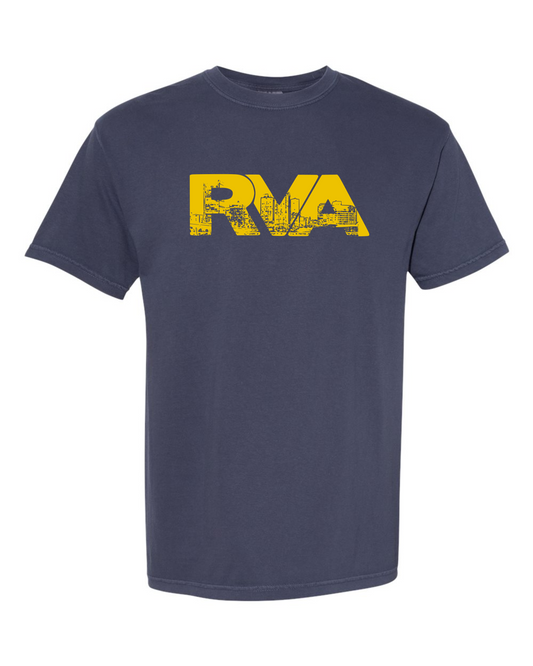 Navy Comfort Colors 1717 t-shirt with a yellow RVA logo containing the Richmond skyline, screen printed by RVA Threads