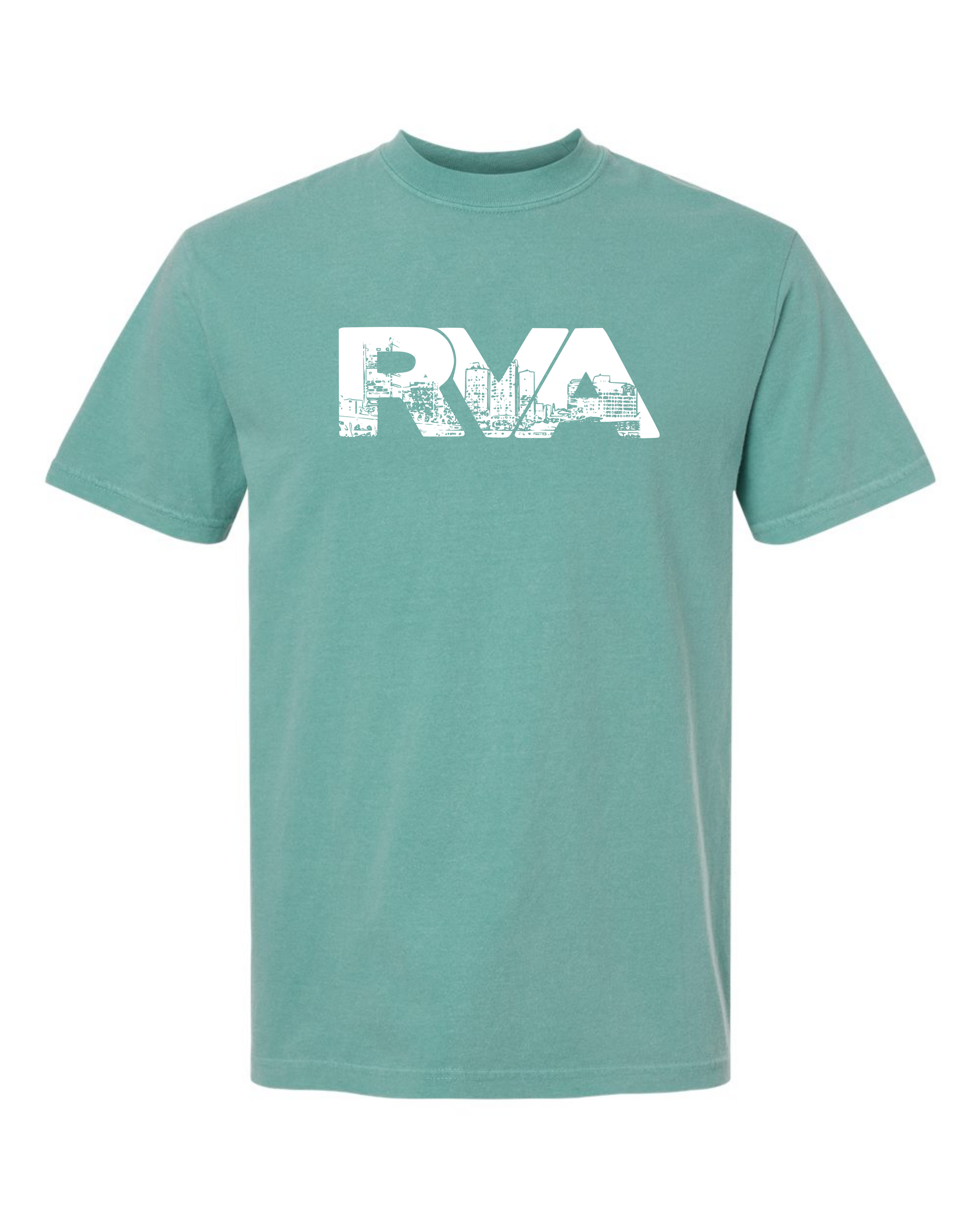 Seafoam Comfort Colors 1717 t-shirt with a white RVA logo containing the Richmond skyline, screen printed by RVA Threads