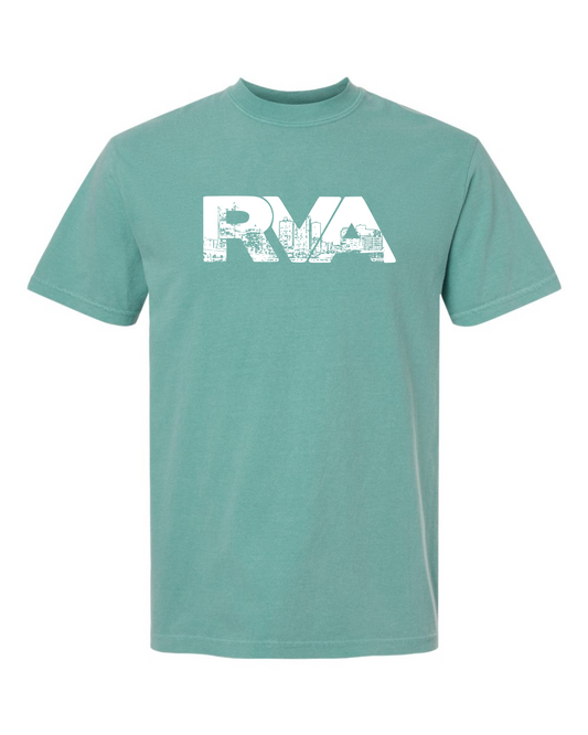 Seafoam Comfort Colors 1717 t-shirt with a white RVA logo containing the Richmond skyline, screen printed by RVA Threads