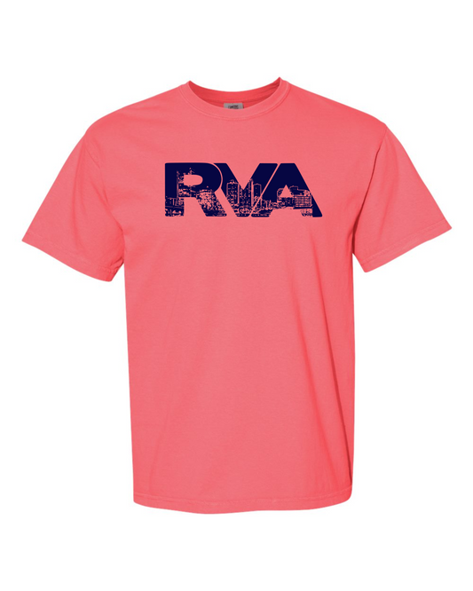 Watermelon Comfort Colors 1717 t-shirt with a navy RVA logo containing the Richmond skyline, screen printed by RVA Threads