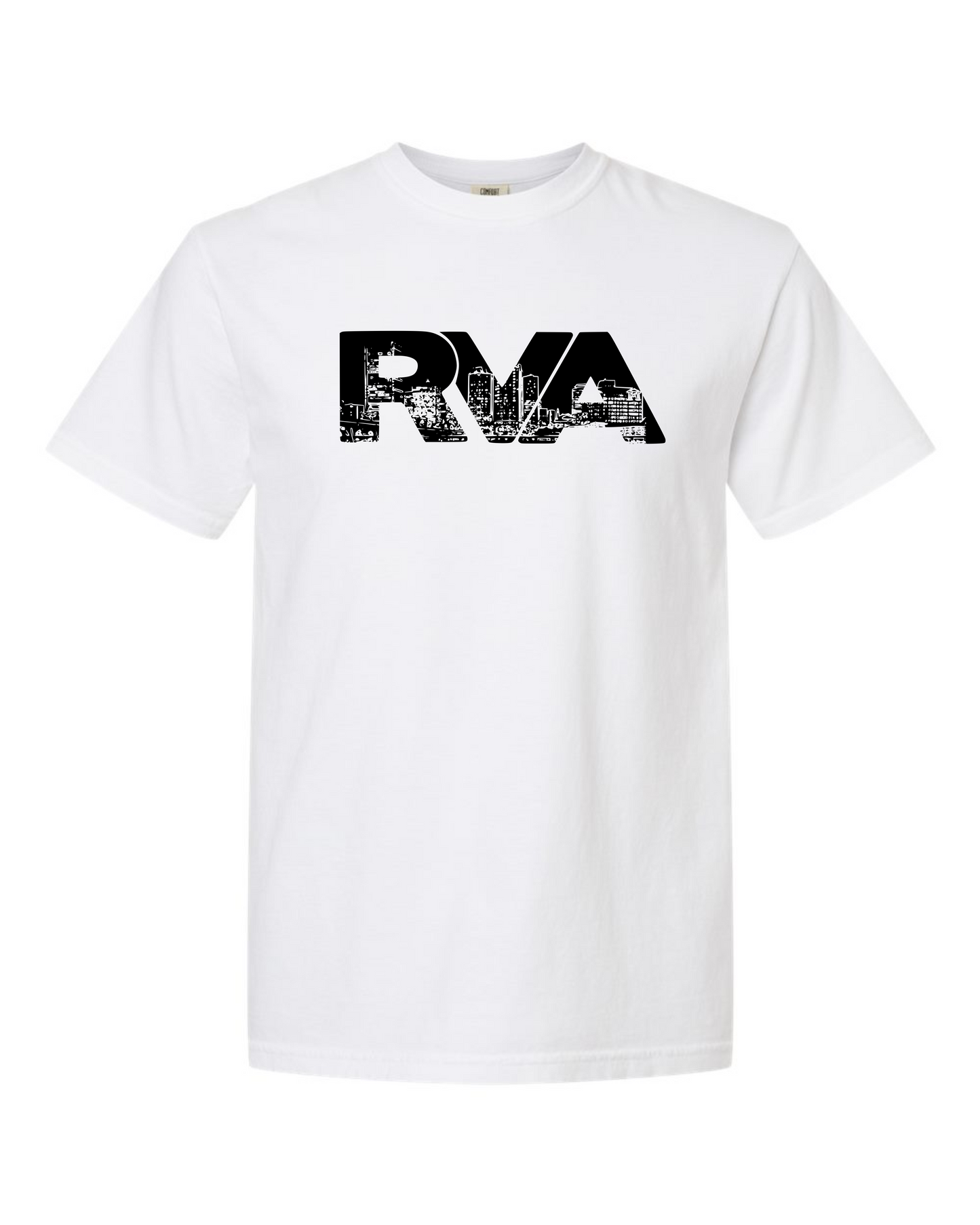 White Comfort Colors 1717 t-shirt with a black RVA logo containing the Richmond skyline, screen printed by RVA Threads