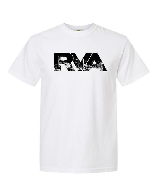 White Comfort Colors 1717 t-shirt with a black RVA logo containing the Richmond skyline, screen printed by RVA Threads