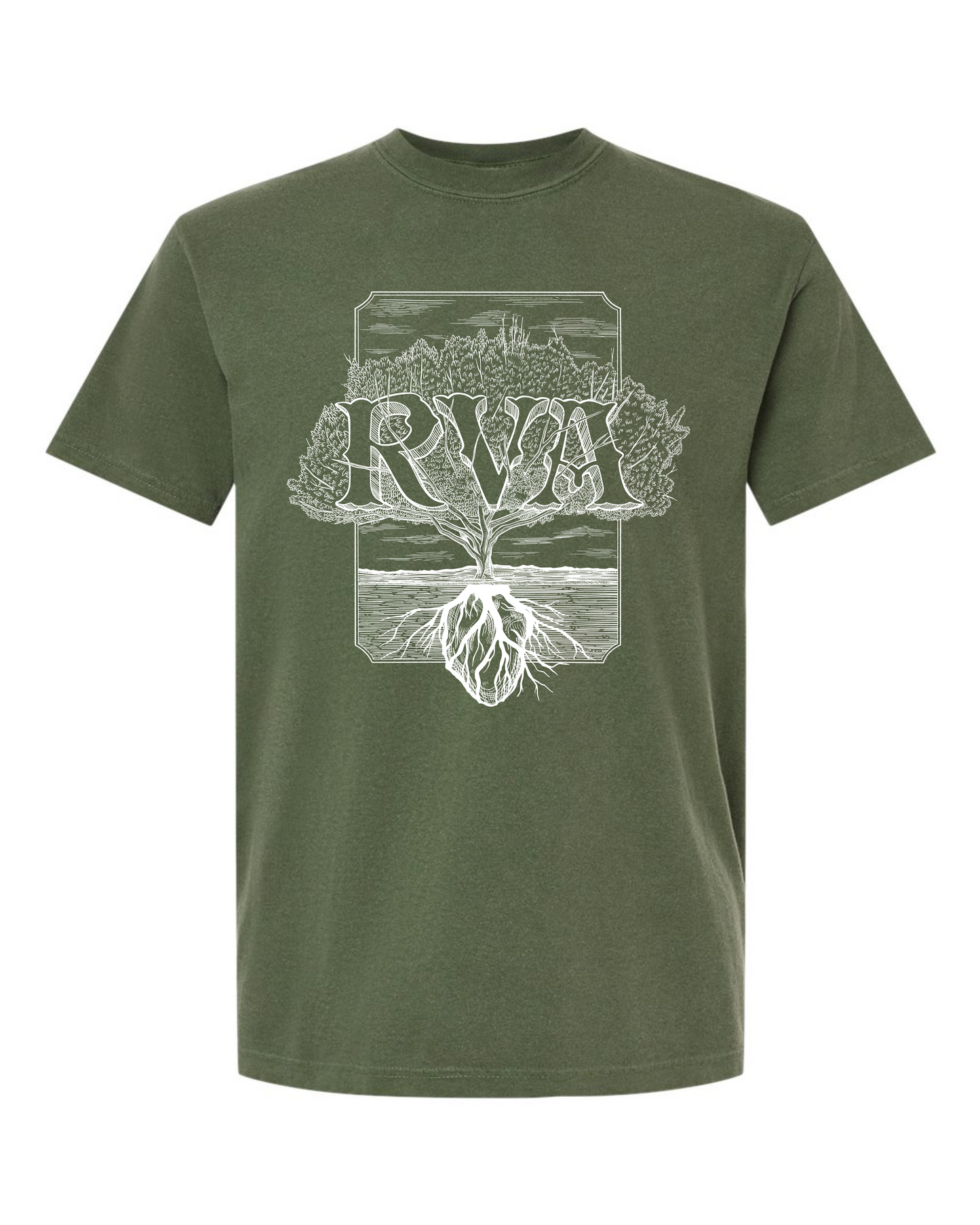 Hemp Comfort Colors 1717 t-shirt with a white RVA Rooted tree design by Burrito Breath, screen printed by RVA Threads