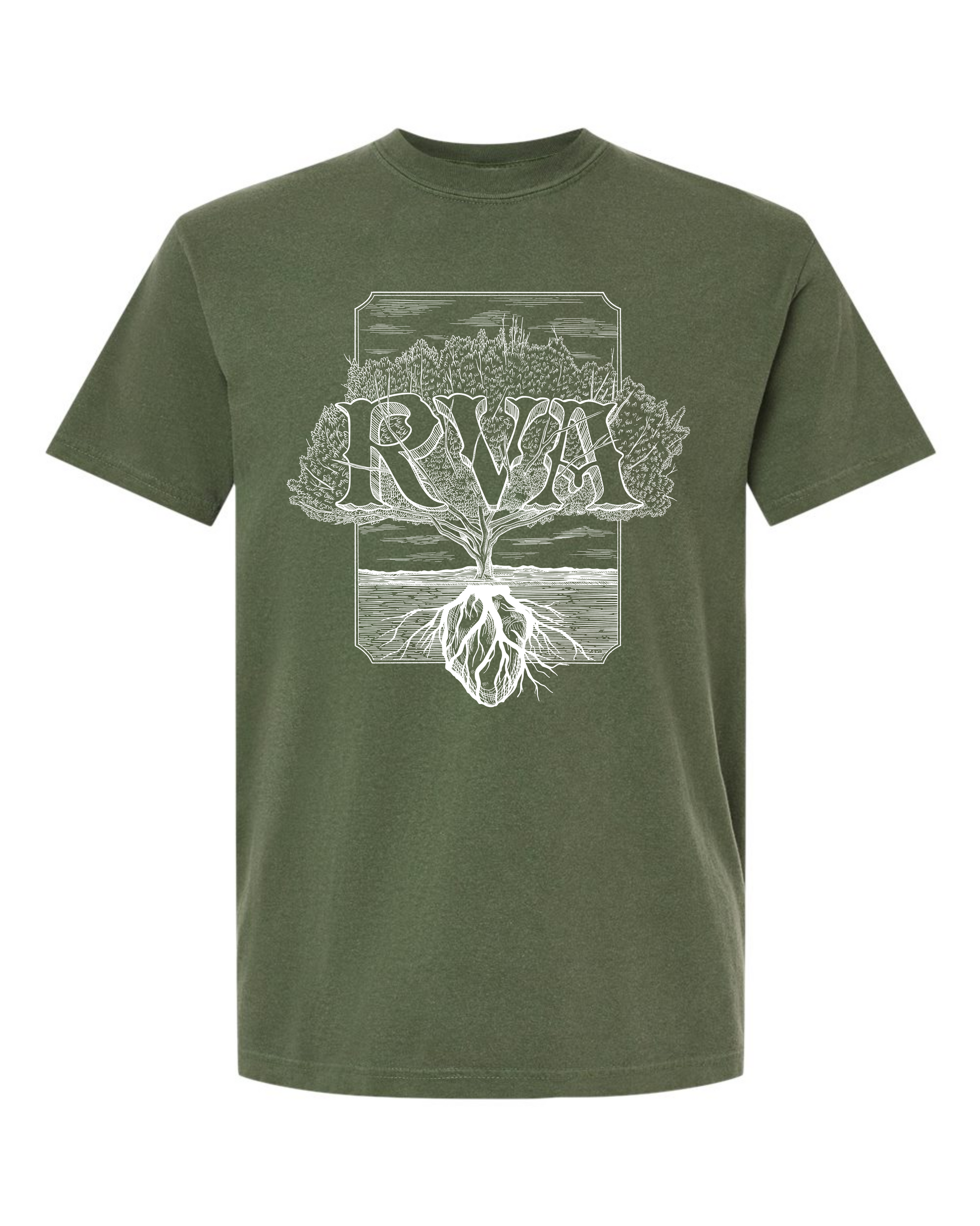 Hemp Comfort Colors 1717 t-shirt with a white RVA Rooted tree design by Burrito Breath, screen printed by RVA Threads