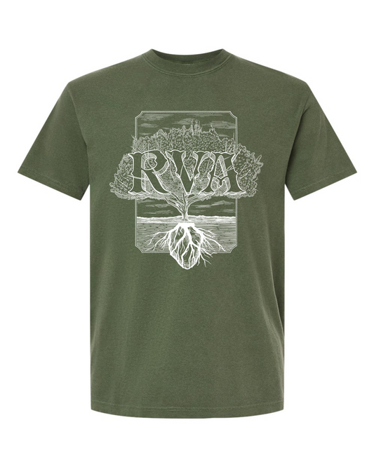 Hemp Comfort Colors 1717 t-shirt with a white RVA Rooted tree design by Burrito Breath, screen printed by RVA Threads