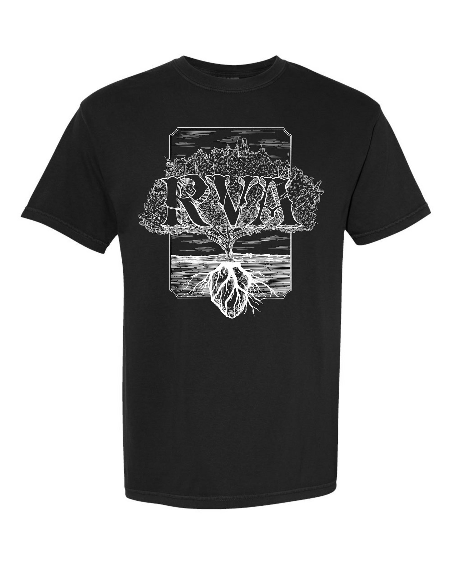 Black Comfort Colors 1717 t-shirt with a white RVA Rooted tree design by Burrito Breath, screen printed by RVA Threads
