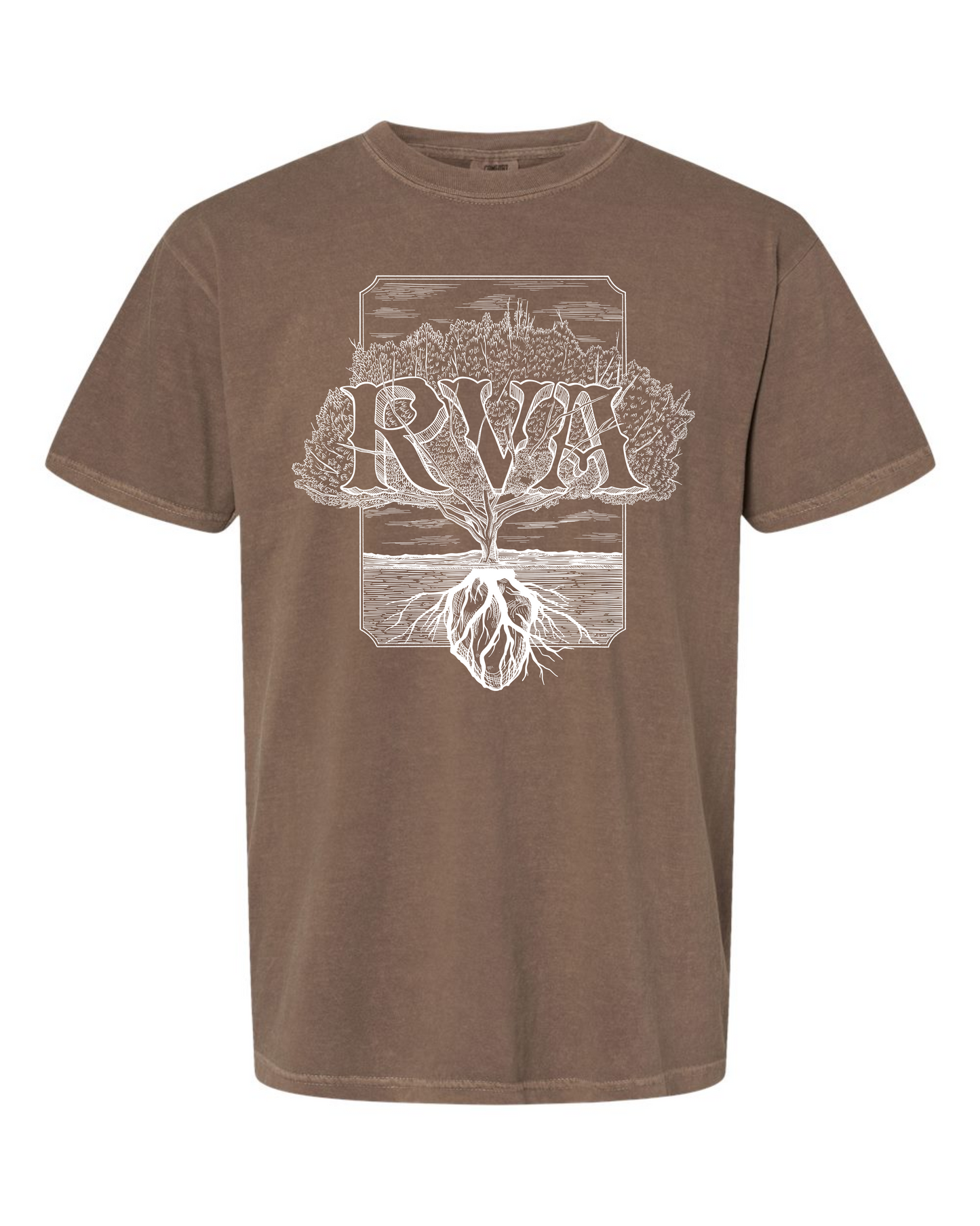 Espresso Comfort Colors 1717 t-shirt with a white RVA Rooted tree design by Burrito Breath, screen printed by RVA Threads