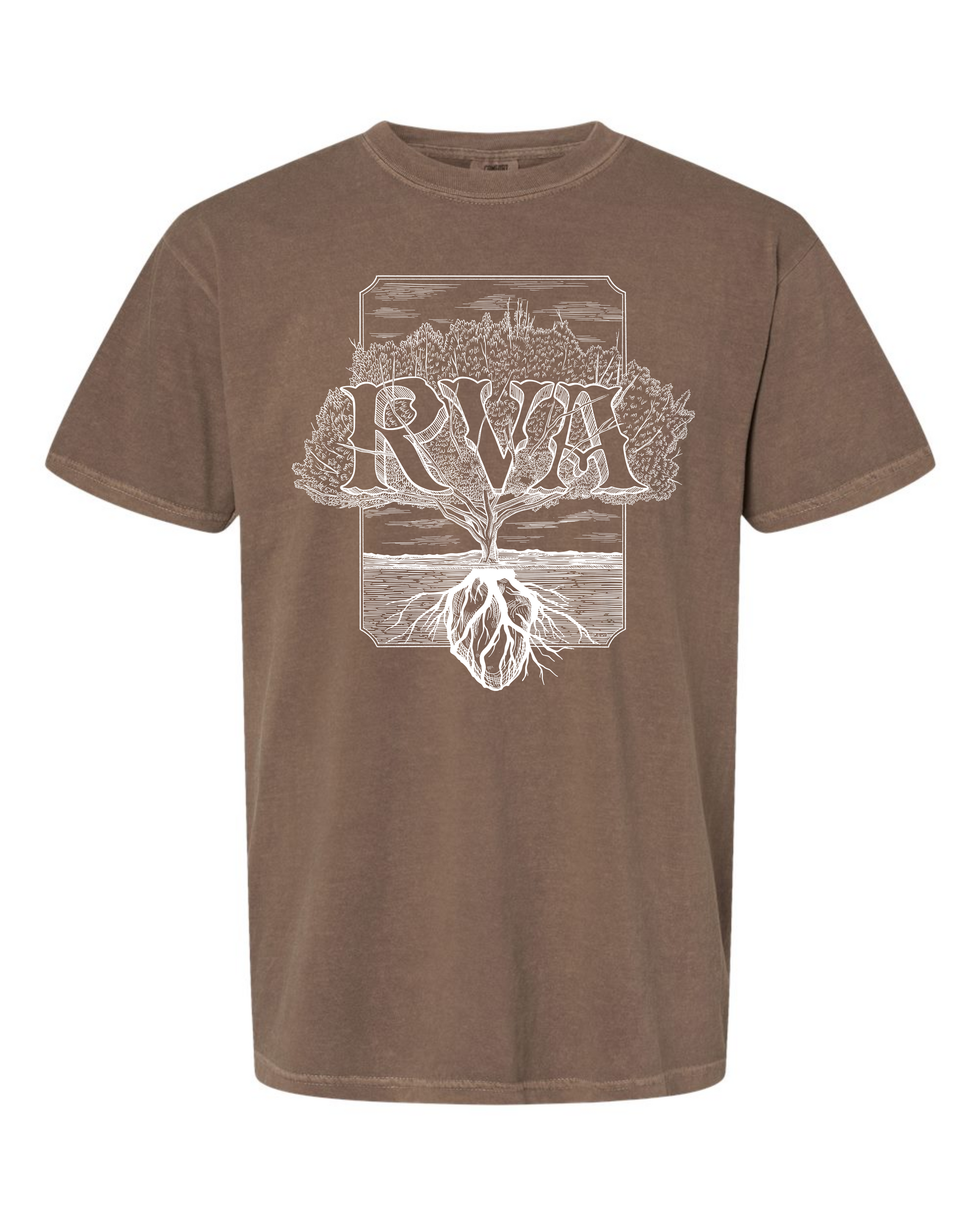 Espresso Comfort Colors 1717 t-shirt with a white RVA Rooted tree design by Burrito Breath, screen printed by RVA Threads