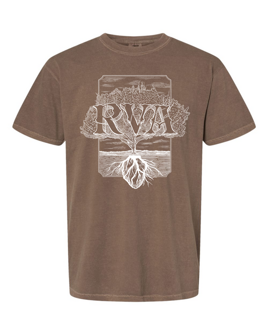 Espresso Comfort Colors 1717 t-shirt with a white RVA Rooted tree design by Burrito Breath, screen printed by RVA Threads