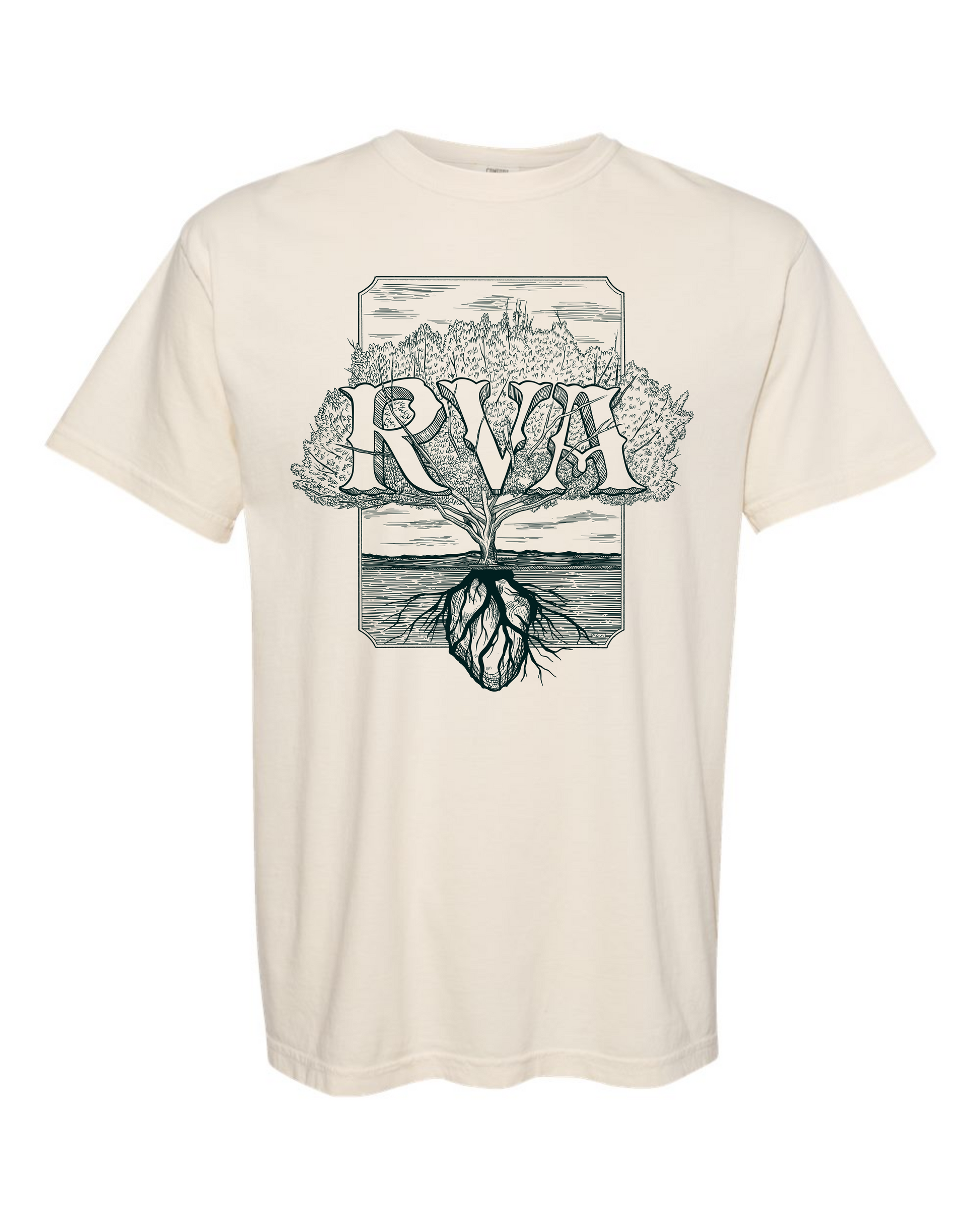 Ivory Comfort Colors 1717 t-shirt with a forest green RVA Rooted tree design by Burrito Breath, screen printed by RVA Threads