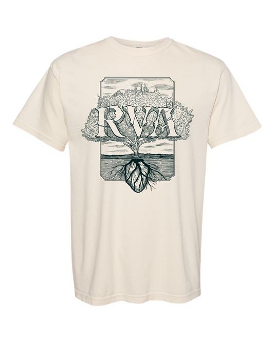 Ivory Comfort Colors 1717 t-shirt with a forest green RVA Rooted tree design by Burrito Breath, screen printed by RVA Threads