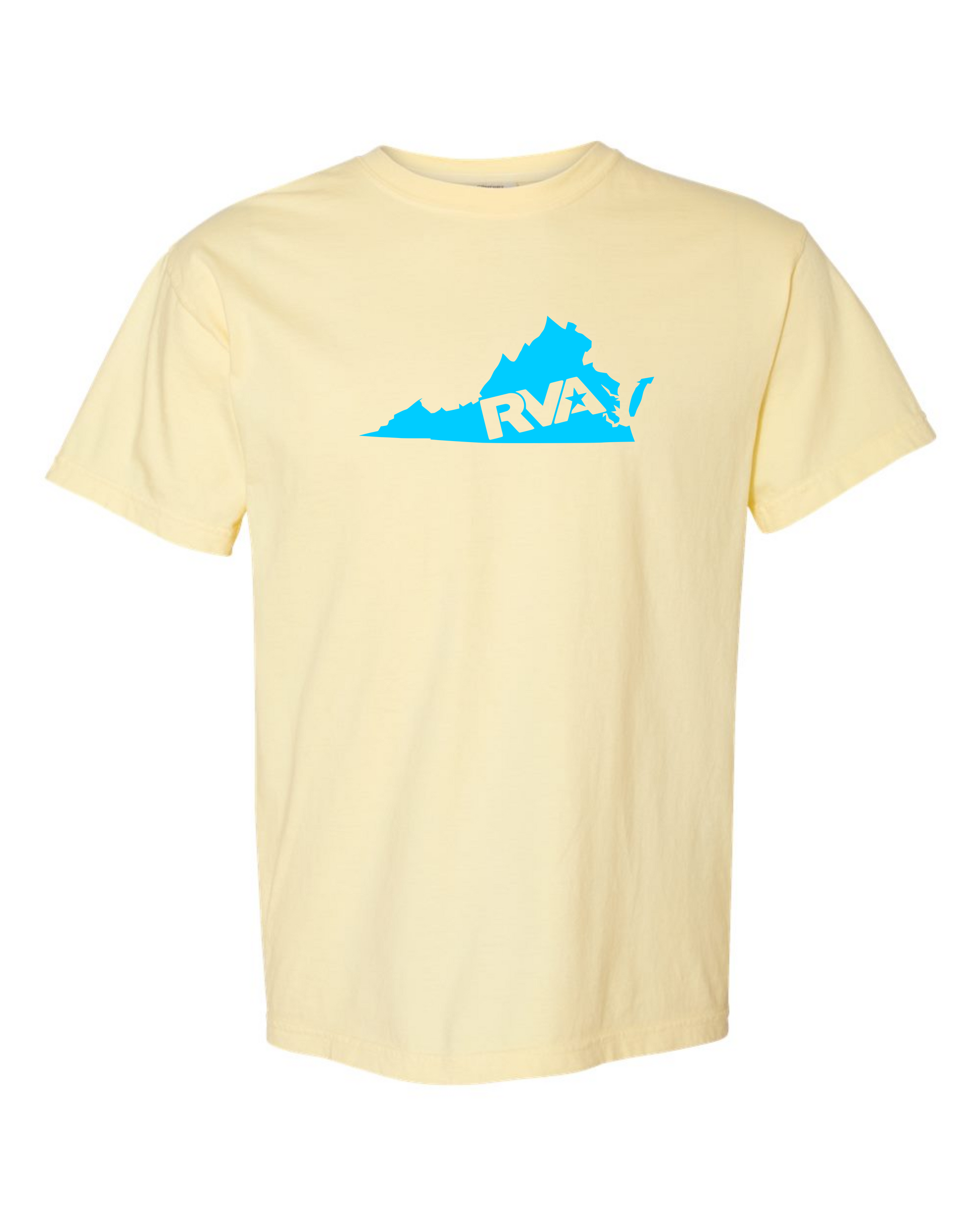 Banana Comfort Colors 1717 t-shirt with a sky blue Virginia state outline and RVA lettering, screen printed by RVA Threads