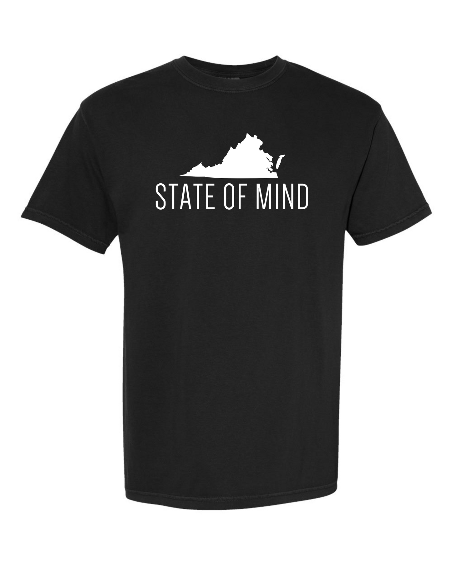 Black Comfort Colors 1717 t-shirt with the white VA State of Mind design, screen printed by RVA Threads