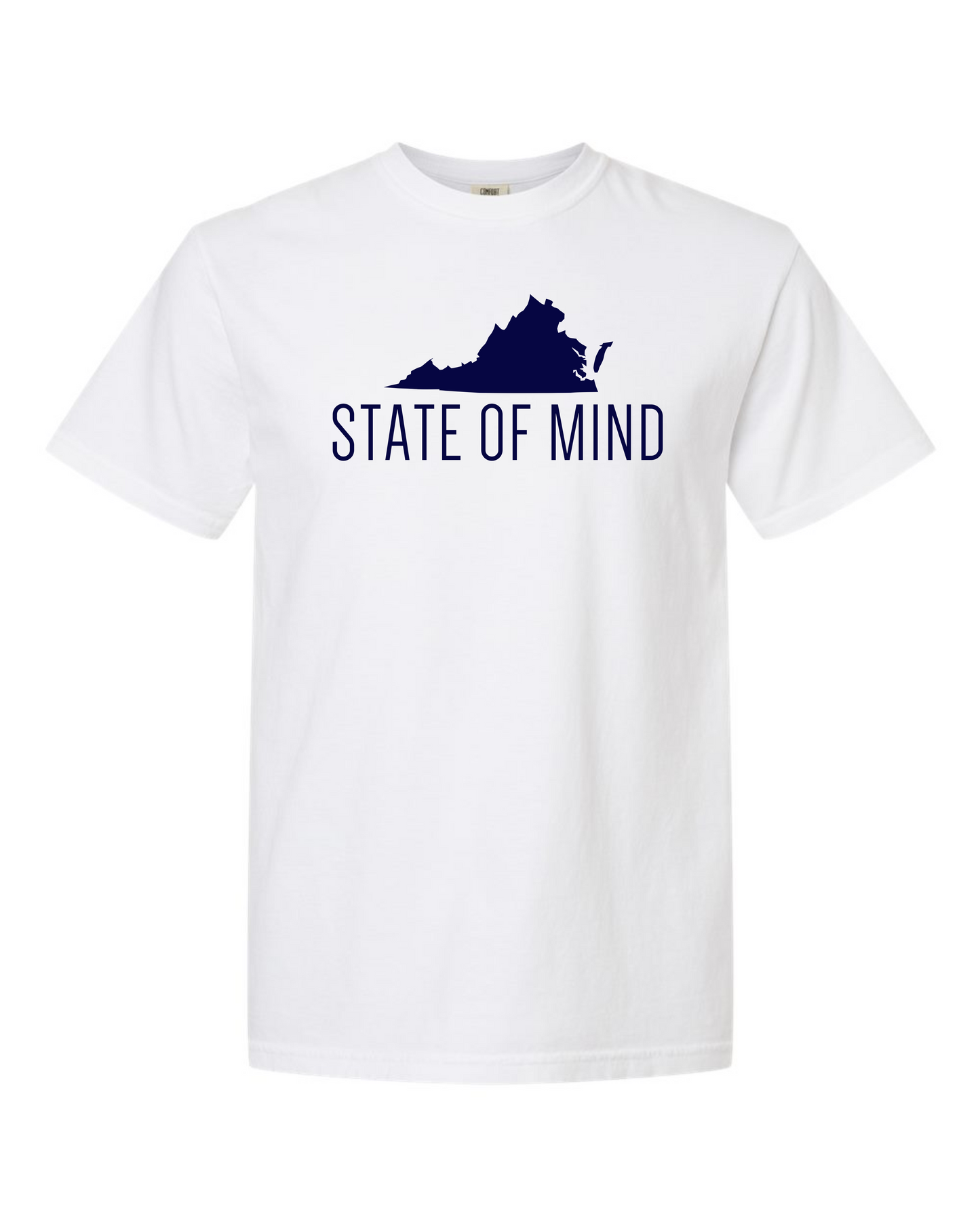 White Comfort Colors 1717 t-shirt with the navy VA State of Mind design, screen printed by RVA Threads