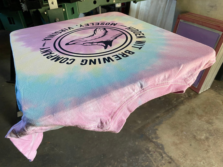 Finished Hidden Wit Brewing tie-dye t-shirt back print, screen printed by RVA Threads