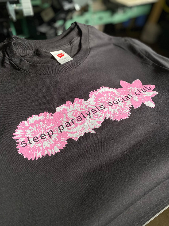 Finished Sleep Paralysis Social Club band t-shirt, screen printed by RVA Threads