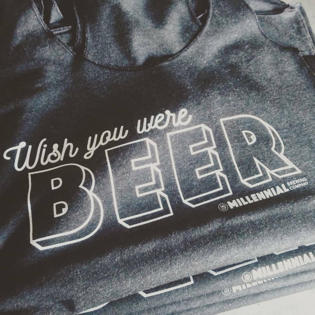 Custom screen printed wish you were beer shirt for Millennial Brewery in Florida.
