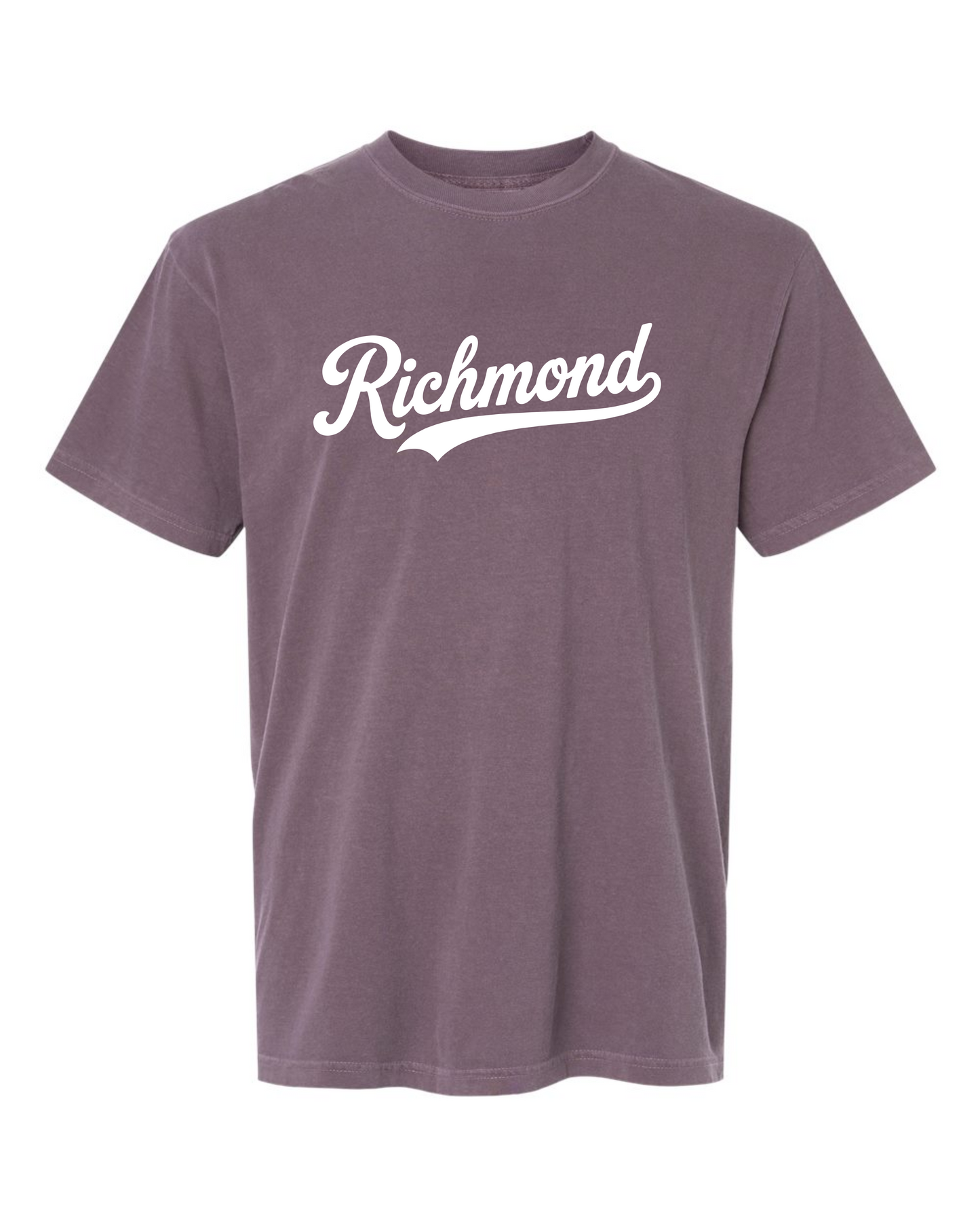Dusk Comfort Colors 1717 t-shirt with the white Richmond Script design, screen printed by RVA Threads
