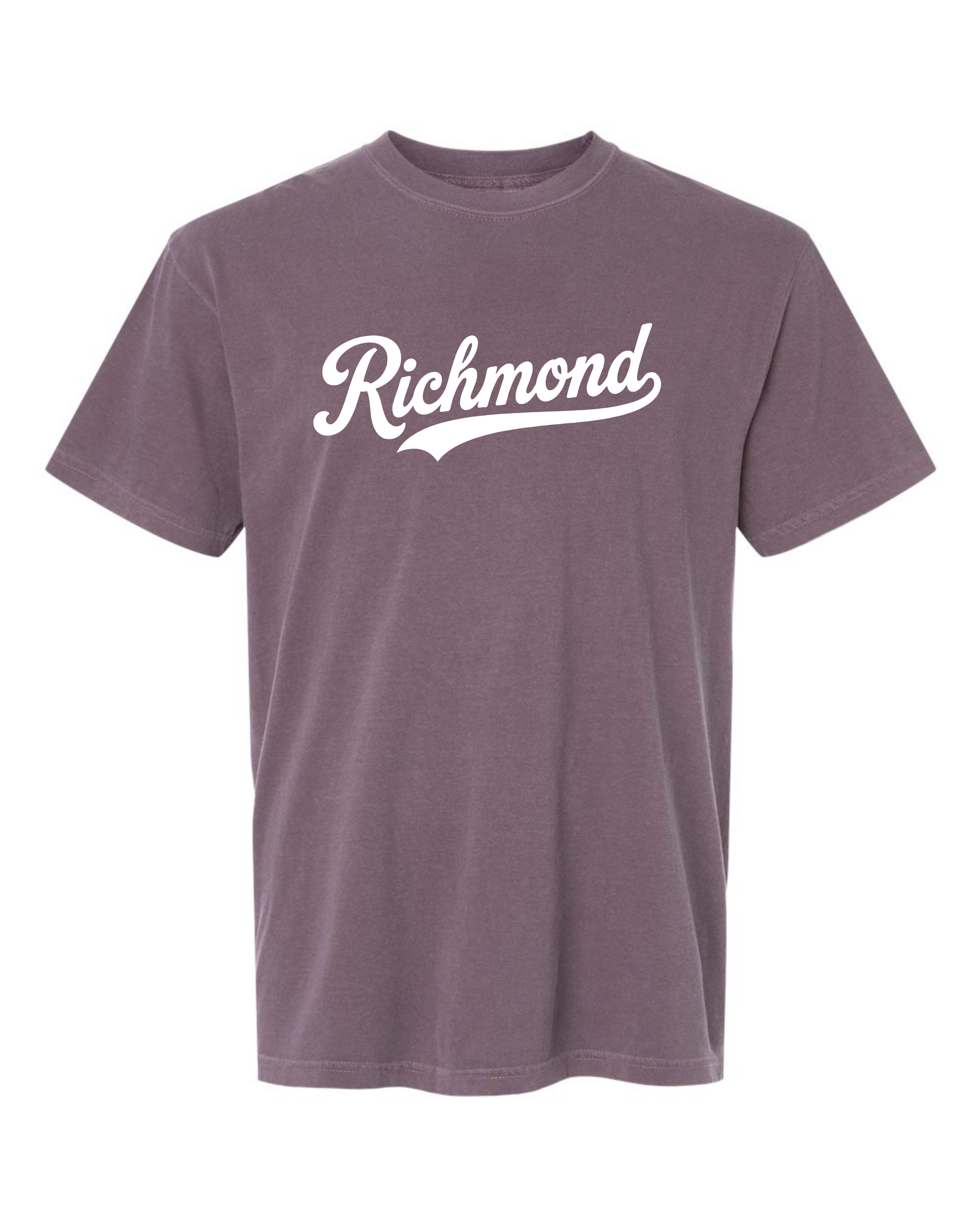 Dusk Comfort Colors 1717 t-shirt with the white Richmond Script design, screen printed by RVA Threads