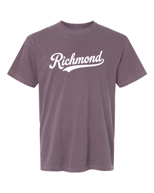 Dusk Comfort Colors 1717 t-shirt with the white Richmond Script design, screen printed by RVA Threads