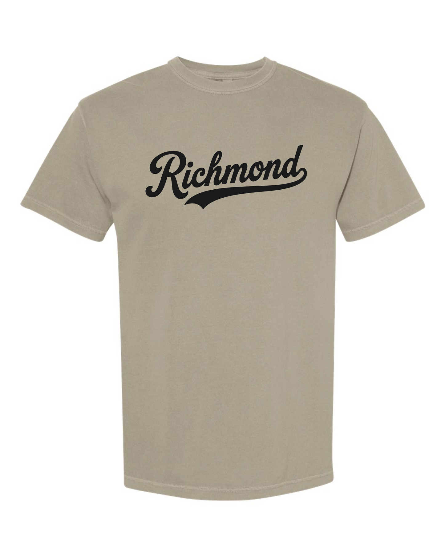 Sandstone Comfort Colors 1717 t-shirt with the black Richmond Script design, screen printed by RVA Threads