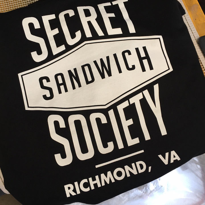 Finished Secret Sandwich Society hoodie back print, screen printed by RVA Threads