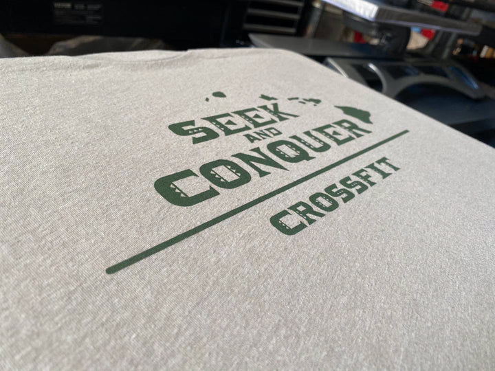 Finished Seek and Conquer CrossFit t-shirt, screen printed by RVA Threads