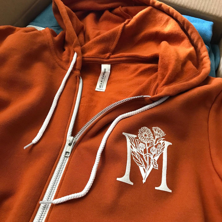 Finished The Mercantile zip hoodie, screen printed by RVA Threads