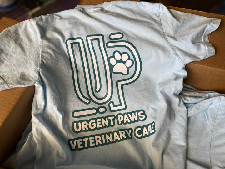 Finished Urgent Paws t-shirt back print, screen printed by RVA Threads