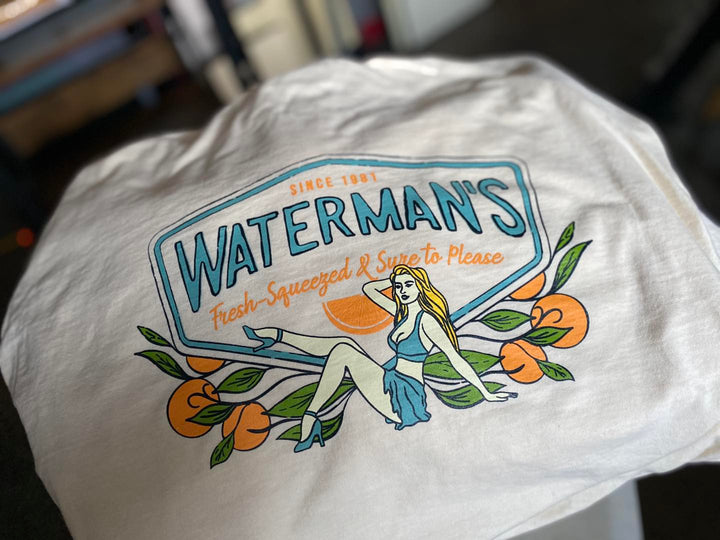 Finished Waterman's t-shirt back print, screen printed by RVA Threads