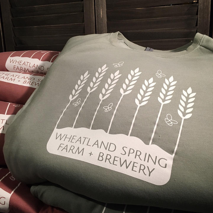 Finished Wheatland Spring crewneck sweatshirt, screen printed by RVA Threads