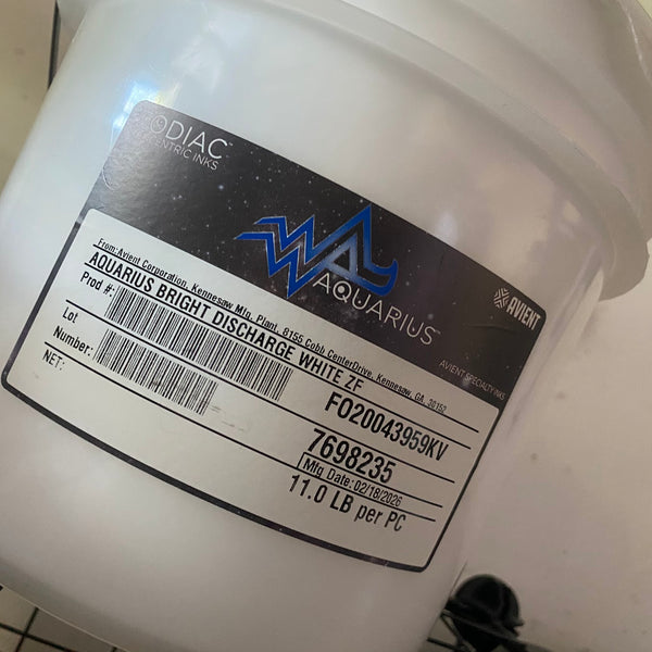 Bucket of Aquarius bright discharge white ink on the ink shelf at RVA Threads screen printing, Virginia