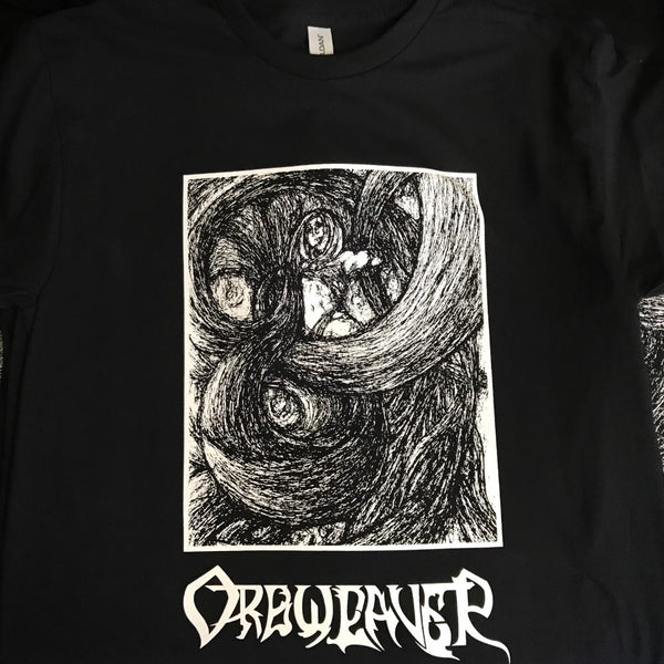 Black and white horror illustration band tees laid out after printing at RVA Threads screen printing, Virginia