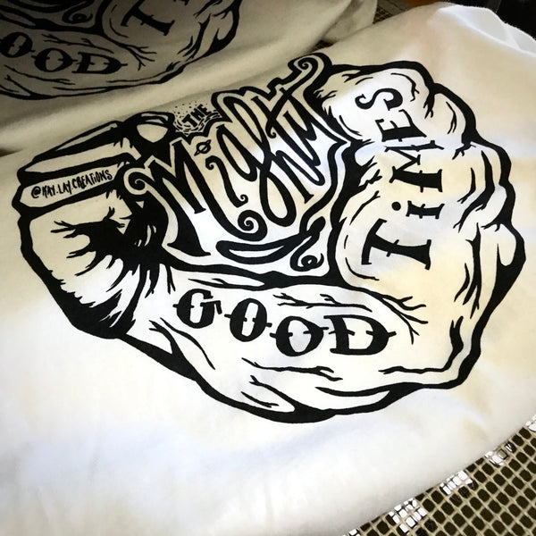 Bold black and white fist lettering design printed on a white tee at RVA Threads screen printing, Virginia