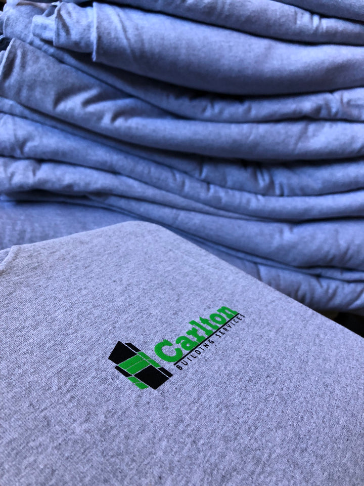 Finished Carlton Building Services t-shirt left chest print, screen printed by RVA Threads