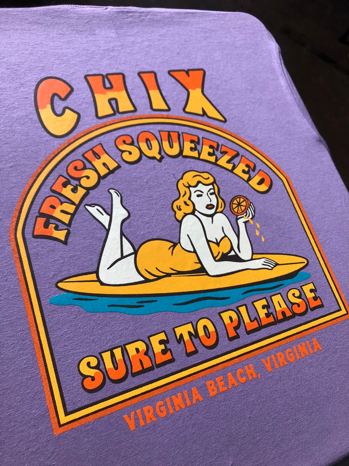 Finished Chix Fresh Squeezed t-shirt back print, screen printed by RVA Threads