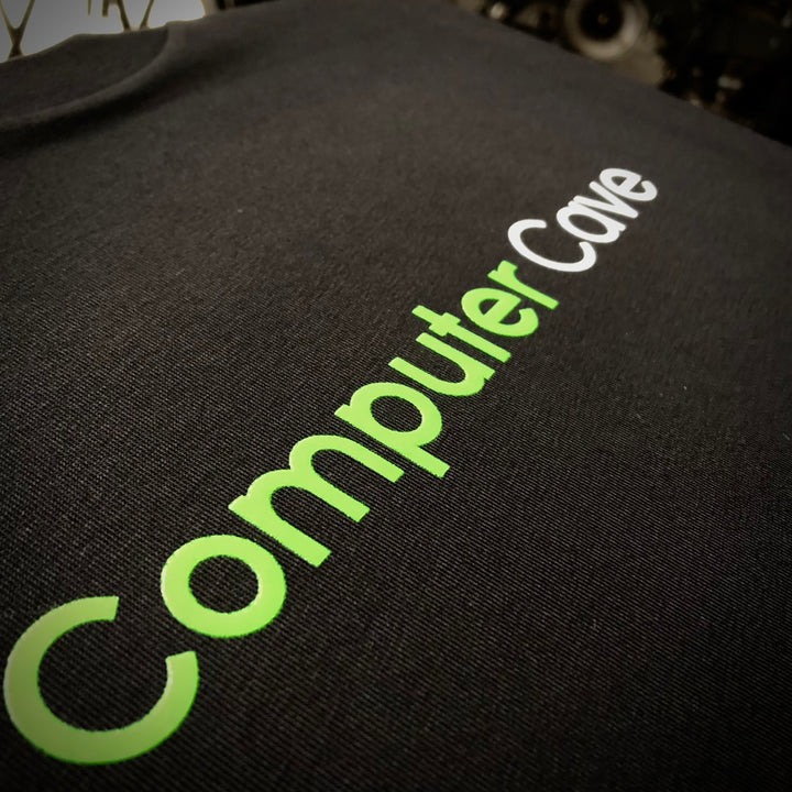 Finished Computer Cave t-shirt, screen printed by RVA Threads