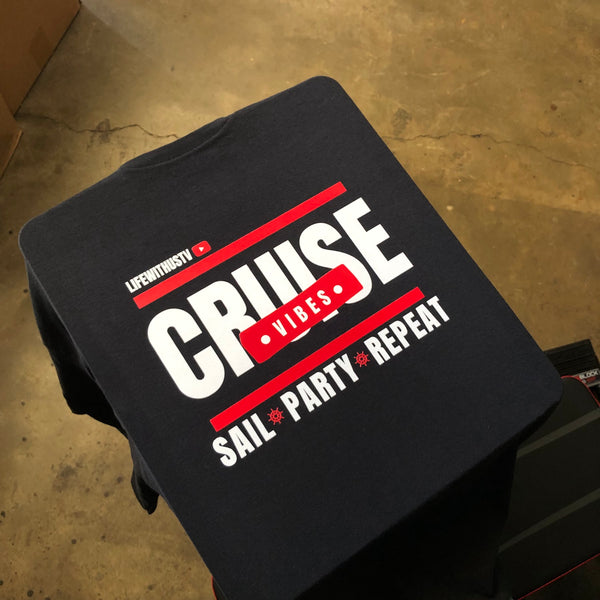 Cruise Vibes Sail Party Repeat design in red and white ink on a navy tee at RVA Threads screen printing, Virginia