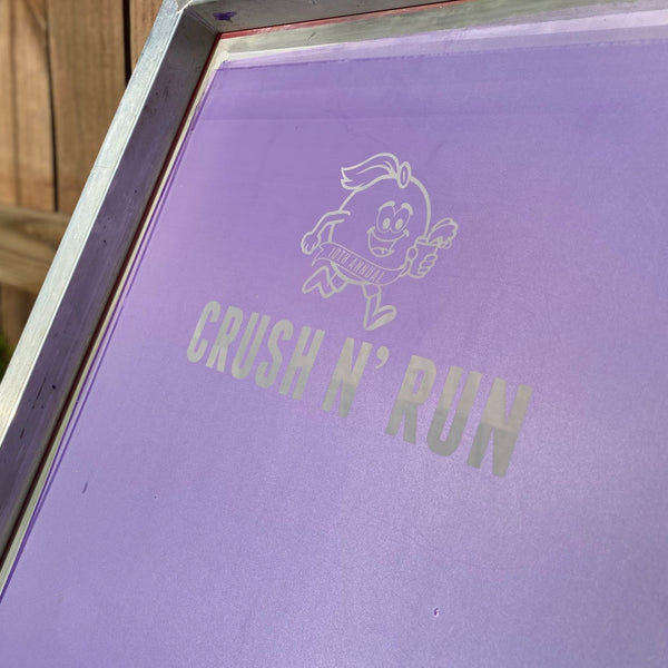 Burned Crush N' Run mascot screen propped up to dry after washout at RVA Threads screen printing, Virginia