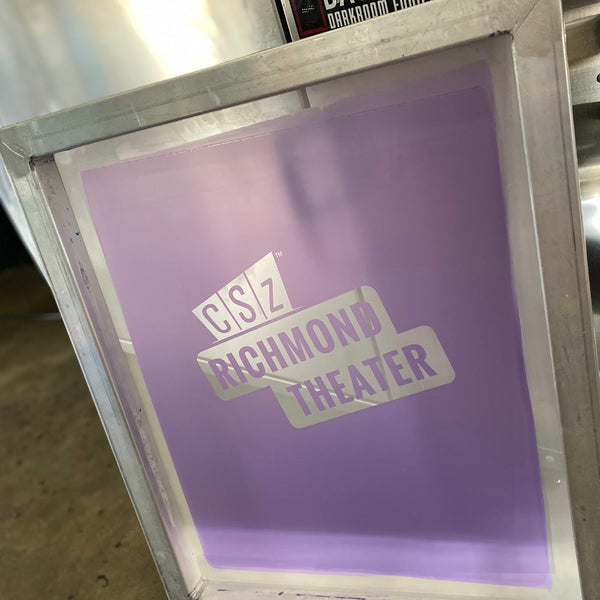 CSz Richmond Theater logo screen burned and ready to load on the press at RVA Threads screen printing, Virginia
