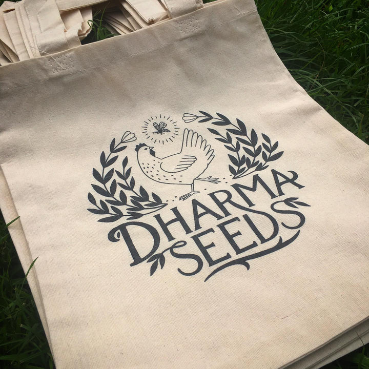 Finished Dharma Seeds tote bag, screen printed by RVA Threads