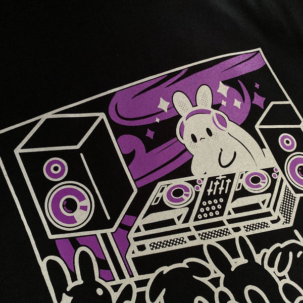 DJ bunny design in purple and white ink on a black tee, close up at RVA Threads screen printing, Virginia