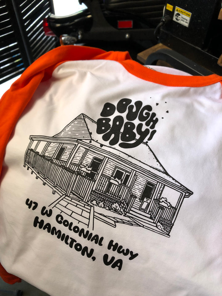 Finished Dough Baby raglan shirt, screen printed by RVA Threads