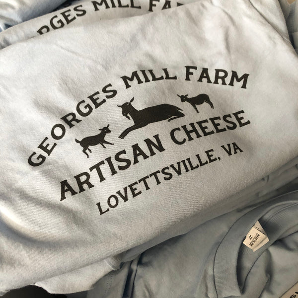 George's Mill Farm Artisan Cheese Lovettsville, VA logo in black ink on a gray tee at RVA Threads screen printing, Virginia