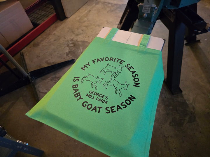 Finished George's Mill Farm tote bag, screen printed by RVA Threads